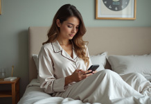 Qualité du sommeil : Comment vérifier la qualité de votre sommeil aujourd’hui ! Femme en pyjama examine son application de sommeil