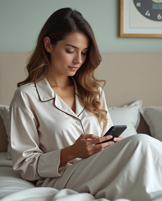 Femme en pyjama examine son application de sommeil