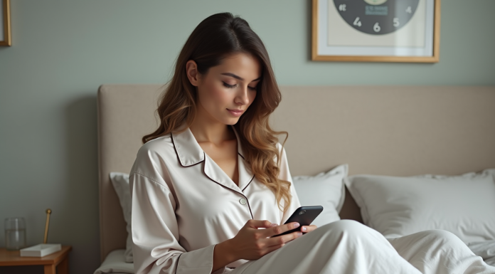 Femme en pyjama examine son application de sommeil