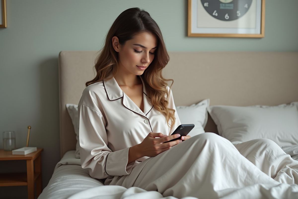 Femme en pyjama examine son application de sommeil