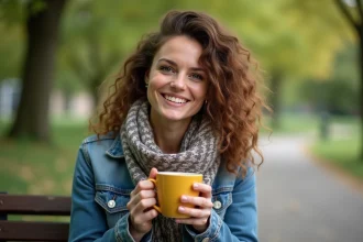 Femme souriante avec mug coloré dans un parc en plein air