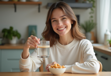 Femme souriante avec peau saine et éclatante à la maison