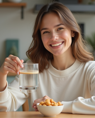 Femme souriante avec peau saine et éclatante à la maison