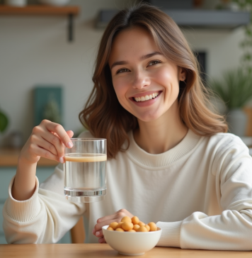 Femme souriante avec peau saine et éclatante à la maison