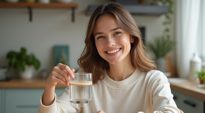 Femme souriante avec peau saine et éclatante à la maison