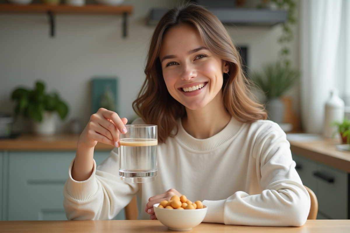 Femme souriante avec peau saine et éclatante à la maison