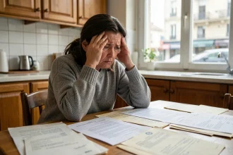 Femme stressée face à des courriers de recouvrement d'huissier sur une table de cuisine, illustrant le harcèlement ou recouvrement légal