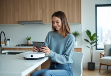 Jeune femme souriante utilisant une tablette dans la cuisine moderne