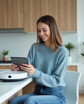 Jeune femme souriante utilisant une tablette dans la cuisine moderne
