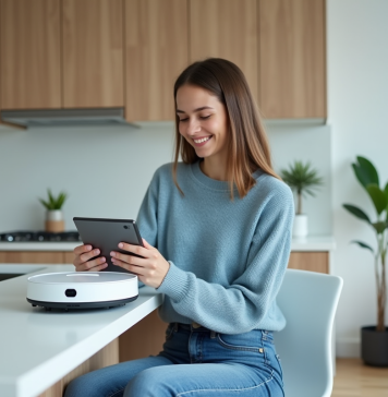 Automatisation quotidienne : exemples et impact sur votre vie Jeune femme souriante utilisant une tablette dans la cuisine moderne