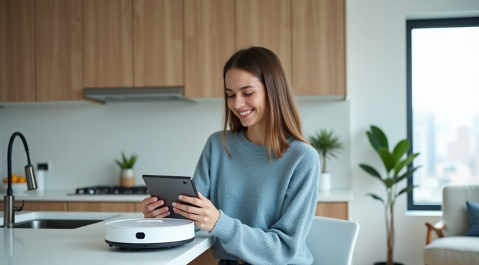 Jeune femme souriante utilisant une tablette dans la cuisine moderne