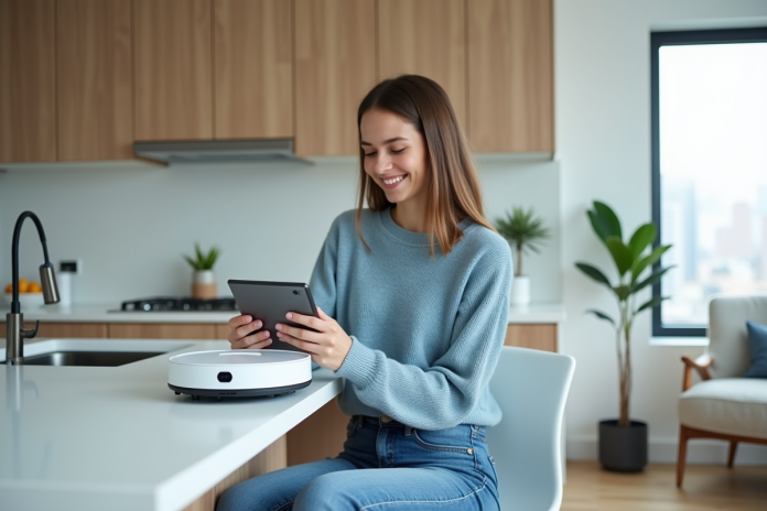 femme-tablette-robot-vacuum Jeune femme souriante utilisant une tablette dans la cuisine moderne