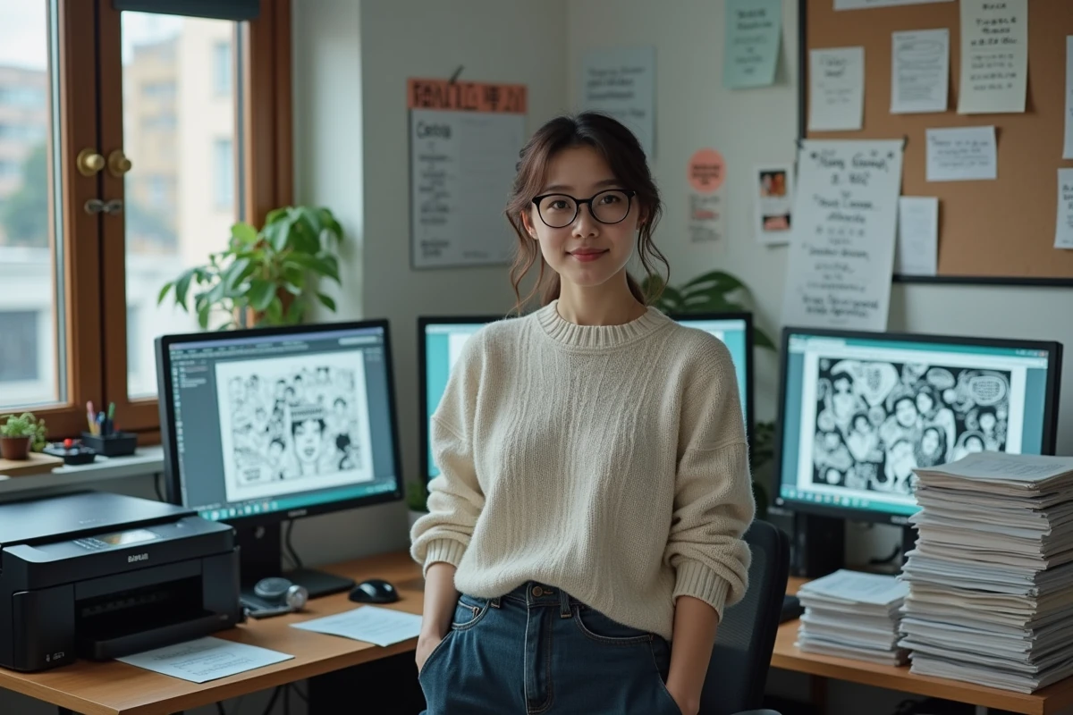 Femme lisant manga dans un bureau organis&eacute; et urbain