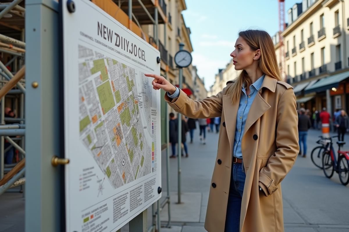 Jeune femme pointant une carte de zonage devant un chantier