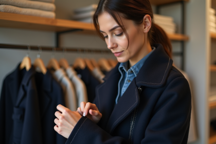 Femme examinant la couture d'un manteau en boutique