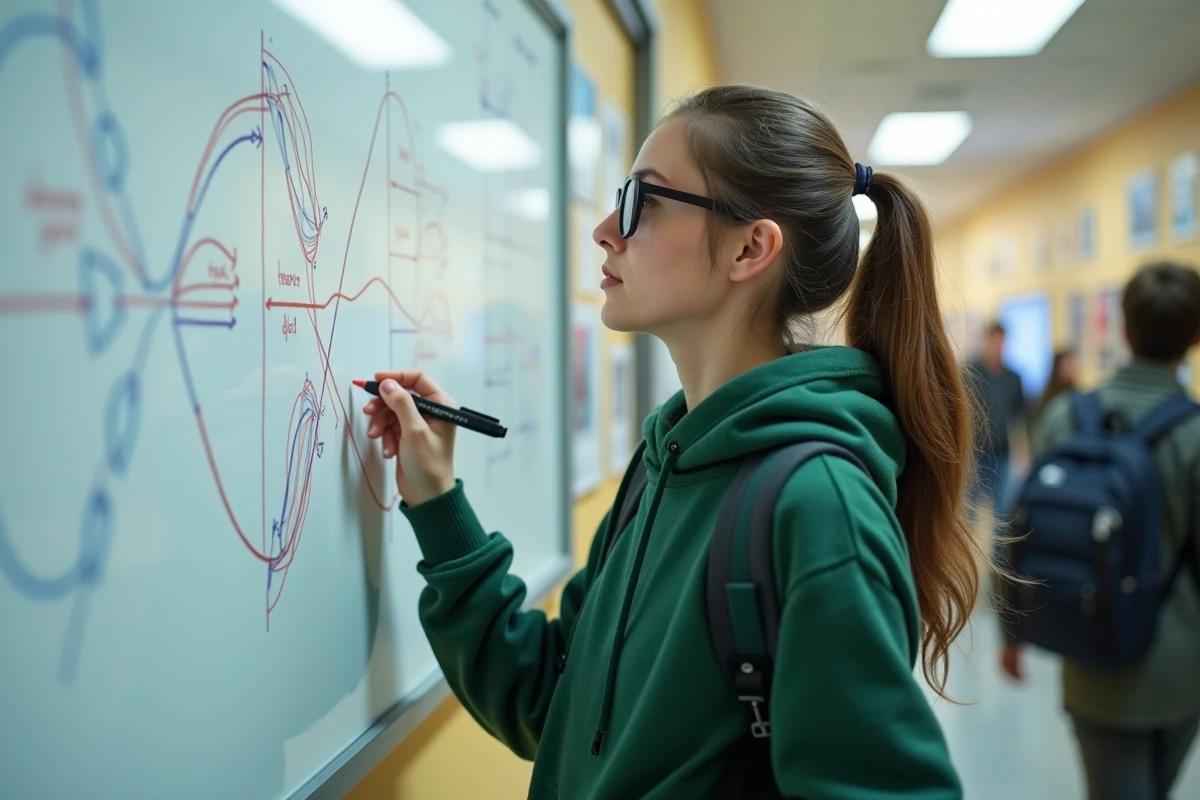 Fille étudiante dessinant un diagramme électrique dans un couloir universitaire