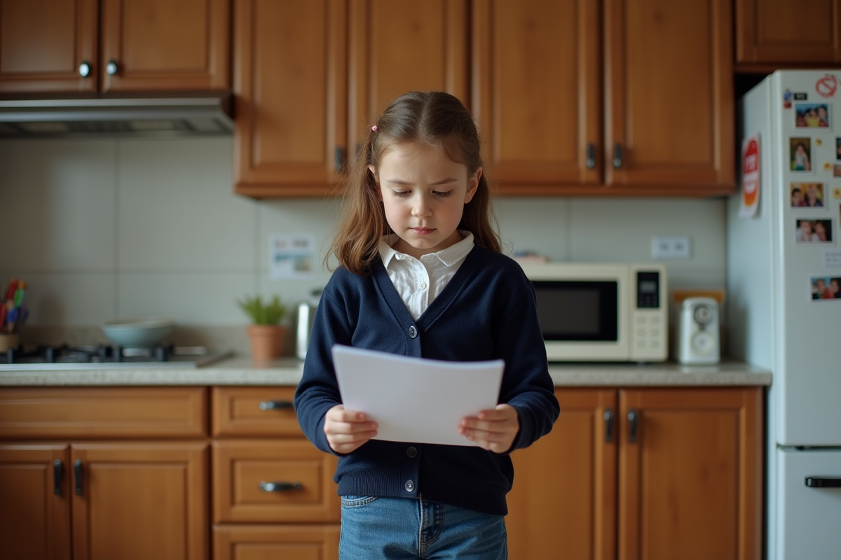 Jeune fille regarde son bulletin scolaire dans la cuisine