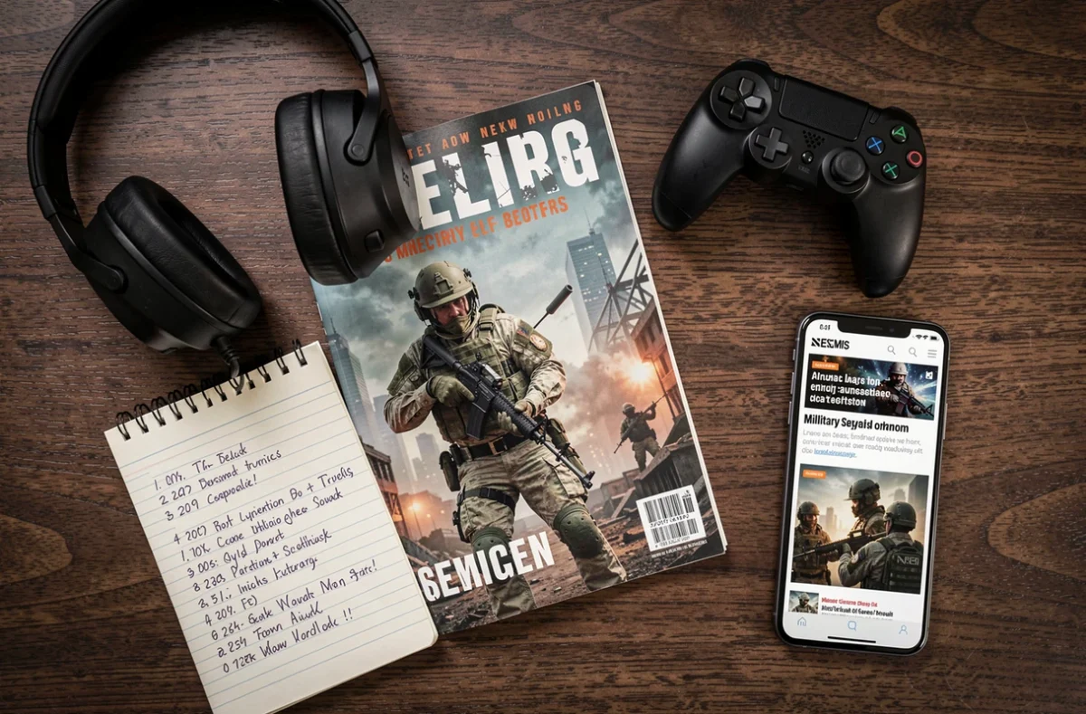 Flat lay de matériel gaming sur un bureau en bois avec manette, casque et magazine ouvert sur un article consacré à la date de sortie de Battlefield 6