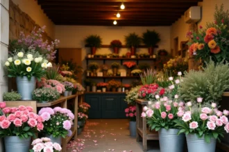 Intérieur d'une boutique fleuriste en Haute-Garonne avec des fleurs colorées disposées dans des vases et des seaux métalliques rustiques