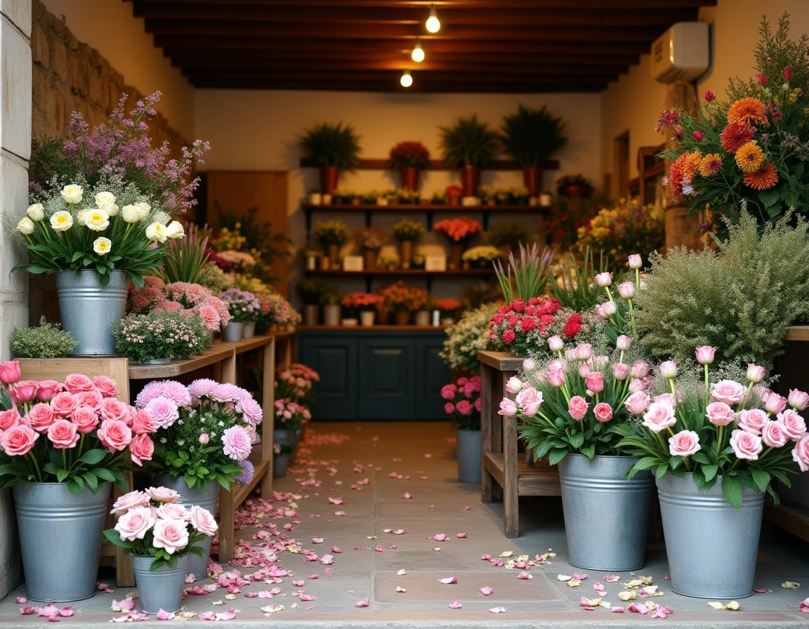 Intérieur d'une boutique fleuriste en Haute-Garonne avec des fleurs colorées disposées dans des vases et des seaux métalliques rustiques