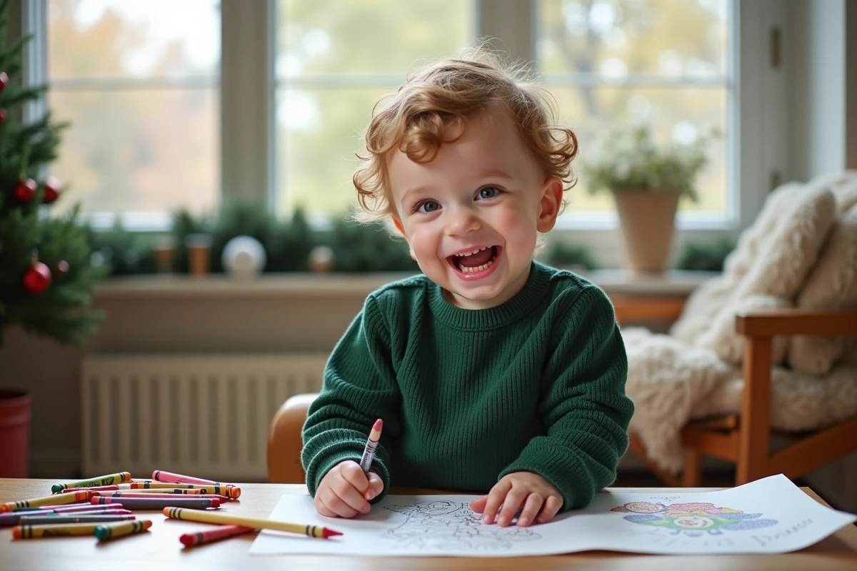 Gar&ccedil;on riant montrant sa page de coloriage de No&euml;l