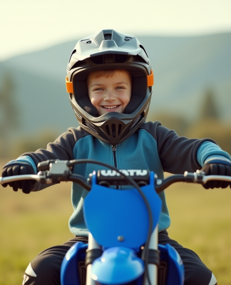 Garçon de 11 ans en motocross souriant sur une moto bleue