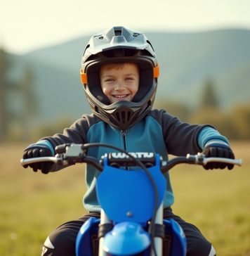 La moto Piwi 80 : pourquoi elle est idéale pour les jeunes pilotes Garçon de 11 ans en motocross souriant sur une moto bleue