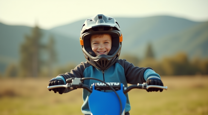 Garçon de 11 ans en motocross souriant sur une moto bleue