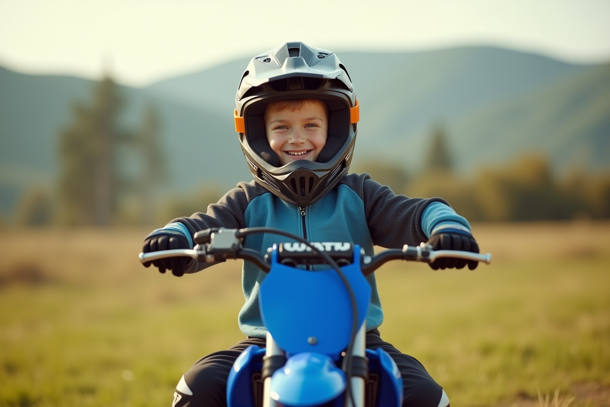 Garçon de 11 ans en motocross souriant sur une moto bleue