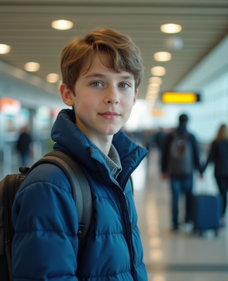Garçon preadolescent confiant dans un aéroport