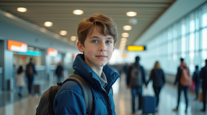 Garçon preadolescent confiant dans un aéroport