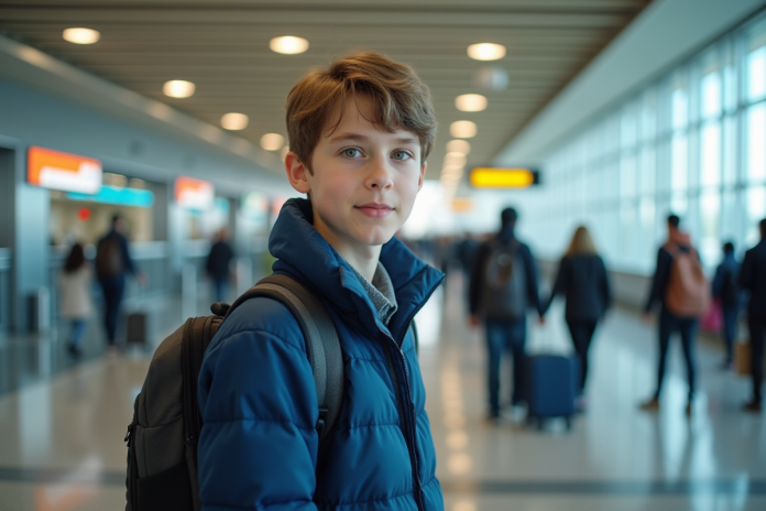 Garçon preadolescent confiant dans un aéroport