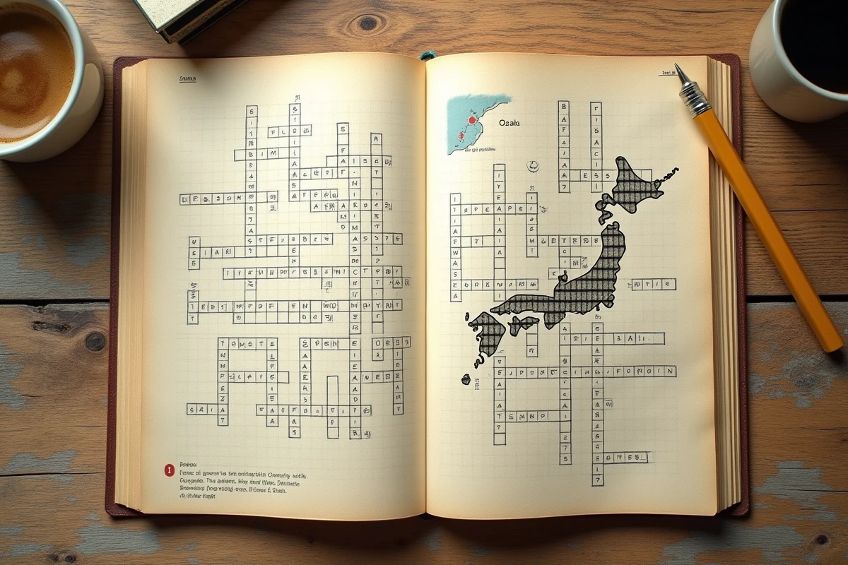 Vue aérienne d'une grille de mots fléchés complétée avec des noms de villes japonaises comme Tokyo et Kyoto, posée sur une table en bois