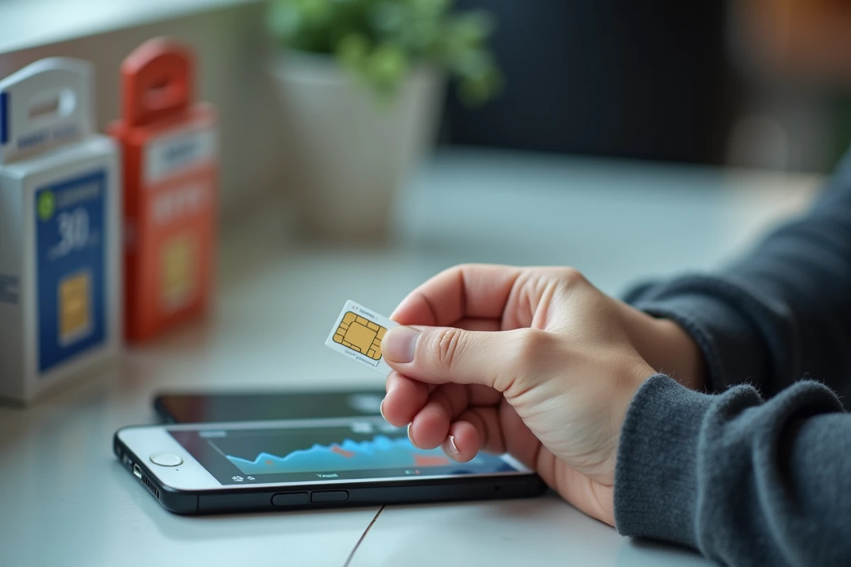 Gros plan sur une carte SIM Lycamobile tenue à la main avec affichage du forfait 30 euros en arrière-plan