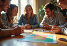 Groupe d'amis jouant au Yahtzee autour d'une table lumineuse