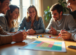 Art d’expliquer les règles du Yahtzee aux néophytes Groupe d'amis jouant au Yahtzee autour d'une table lumineuse