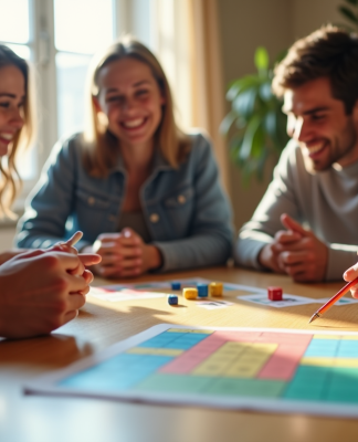 Groupe d'amis jouant au Yahtzee autour d'une table lumineuse