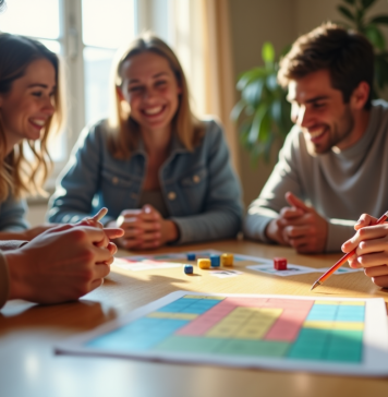 Groupe d'amis jouant au Yahtzee autour d'une table lumineuse