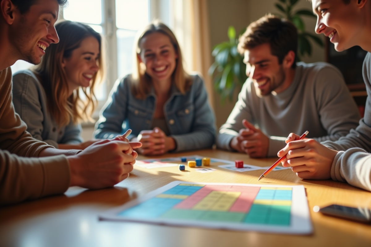 Groupe d'amis jouant au Yahtzee autour d'une table lumineuse