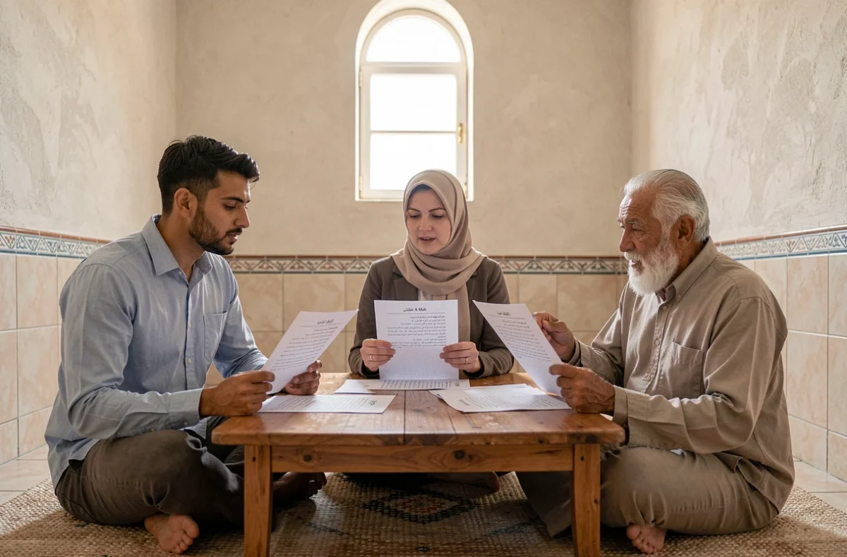 Groupe d'adultes discutant des erreurs de compréhension de Sourate Al Mulk en français dans une salle de mosquée