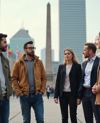 Groupe diversifié autour d'un monument en milieu urbain