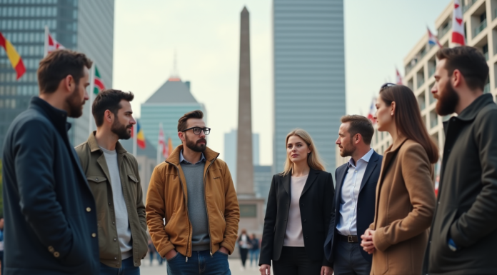 Groupe diversifié autour d'un monument en milieu urbain