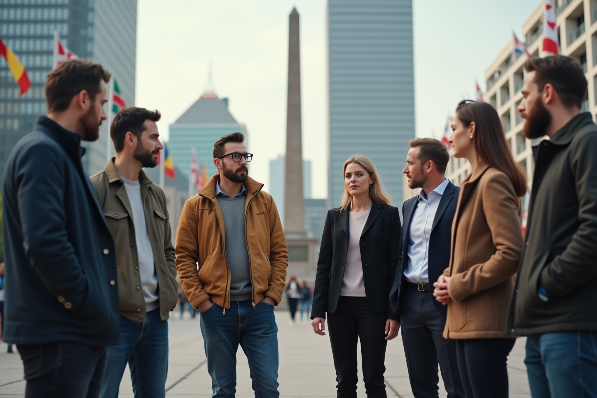 Groupe diversifié autour d'un monument en milieu urbain