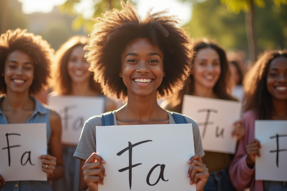 Groupe de personnes avec des signes portant des noms en F
