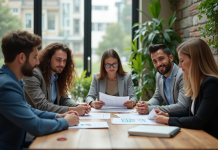Groupe de professionnels en réunion d'investissement durable