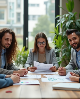 Groupe de professionnels en réunion d'investissement durable
