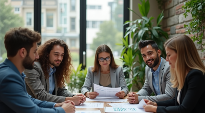 Groupe de professionnels en réunion d'investissement durable