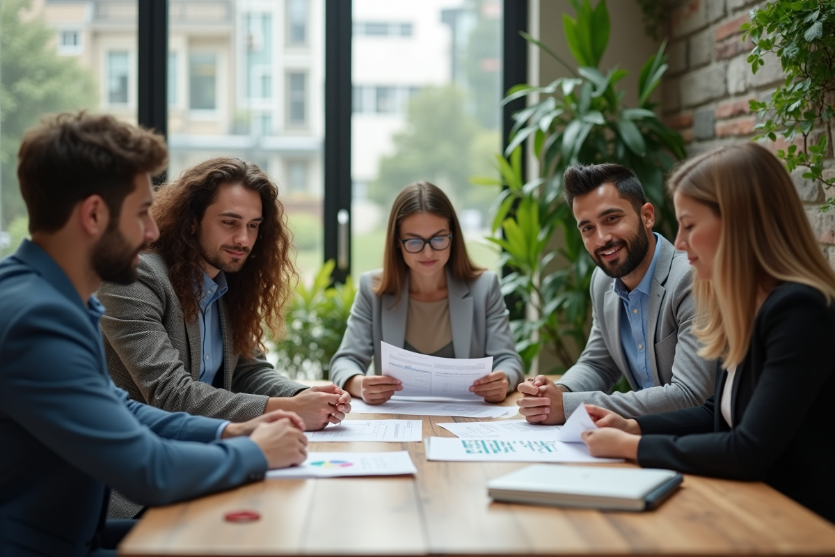 Groupe de professionnels en réunion d'investissement durable