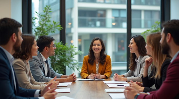 Groupe de professionnels en réunion dans un bureau moderne