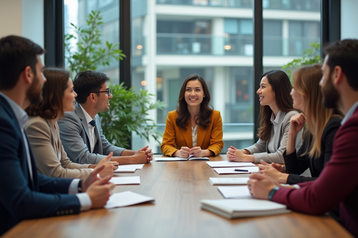 Groupe de professionnels en réunion dans un bureau moderne